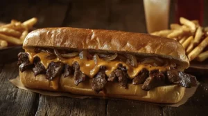 Close-up of an authentic Philly cheesesteak with melted cheese
