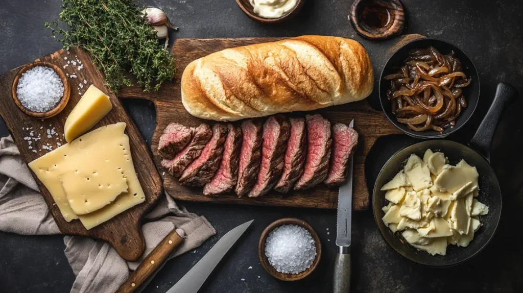 Fresh ingredients for a Philly cheesesteak, including ribeye steak, hoagie roll, cheese, and onions.