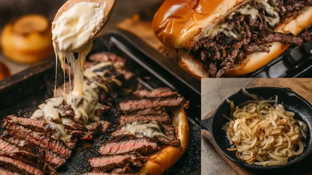 Step-by-step guide for making a homemade Philly cheesesteak with steak, onions, cheese, and a hoagie roll.