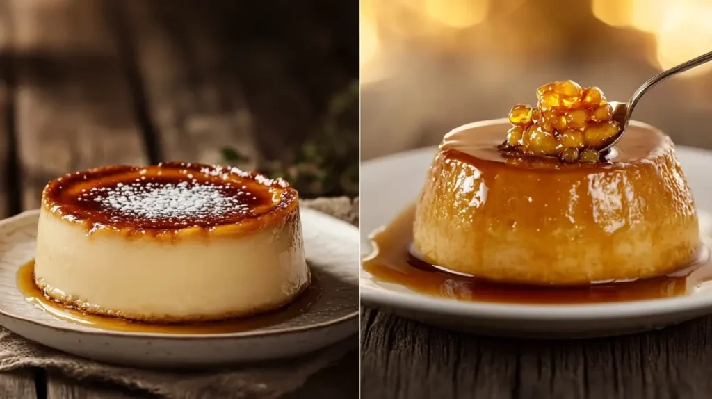 Does Crème Brûlée Taste Like Flan? A crème brûlée with a caramelized sugar top and a smooth, golden flan drizzled with caramel sauce on a rustic wooden table.