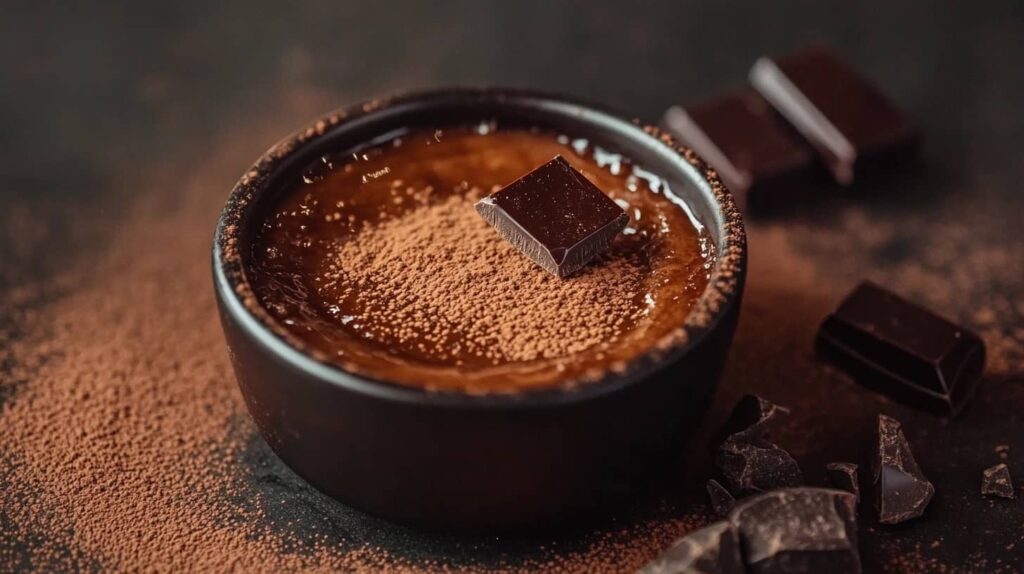 A chocolate-infused crème brûlée with a crispy caramelized top, garnished with dark chocolate pieces.