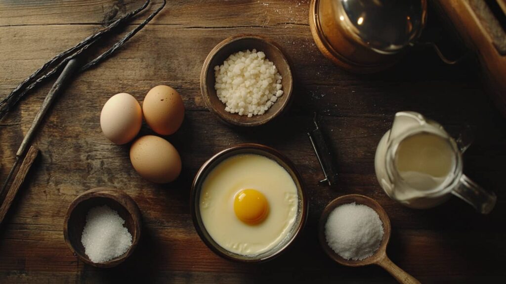 gg yolks, heavy cream, sugar, and vanilla bean displayed on a wooden countertop, ready for making crème brûlée