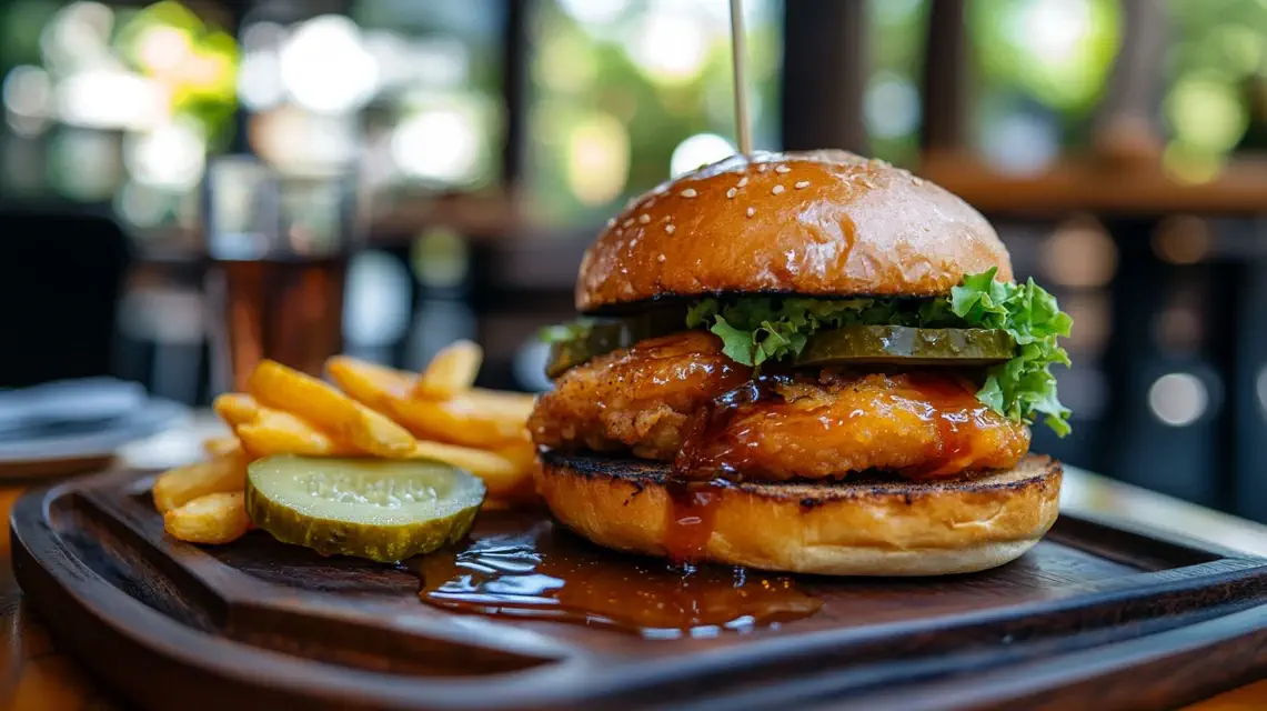 Hot honey chicken sandwich with crispy coating and honey drizzle