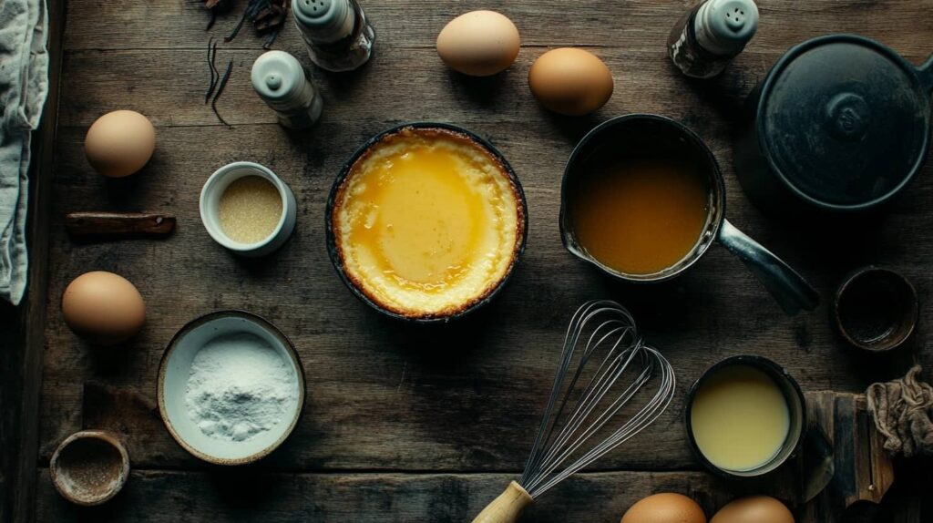 A top-down view of eggs, sugar, vanilla, cream, and milk, the essential ingredients for crème brûlée and flan.