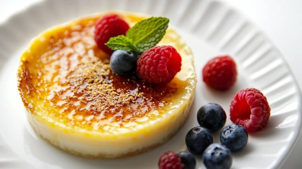What Does Crème Brûlée Taste Like? A fruit-infused crème brûlée topped with caramelized sugar, fresh raspberries, and a mint garnish.