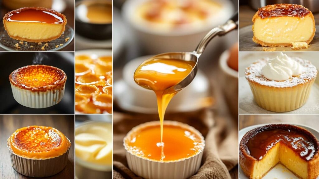 A collage of steps showing the making of crème brûlée and flan, from mixing ingredients to caramelizing the top.