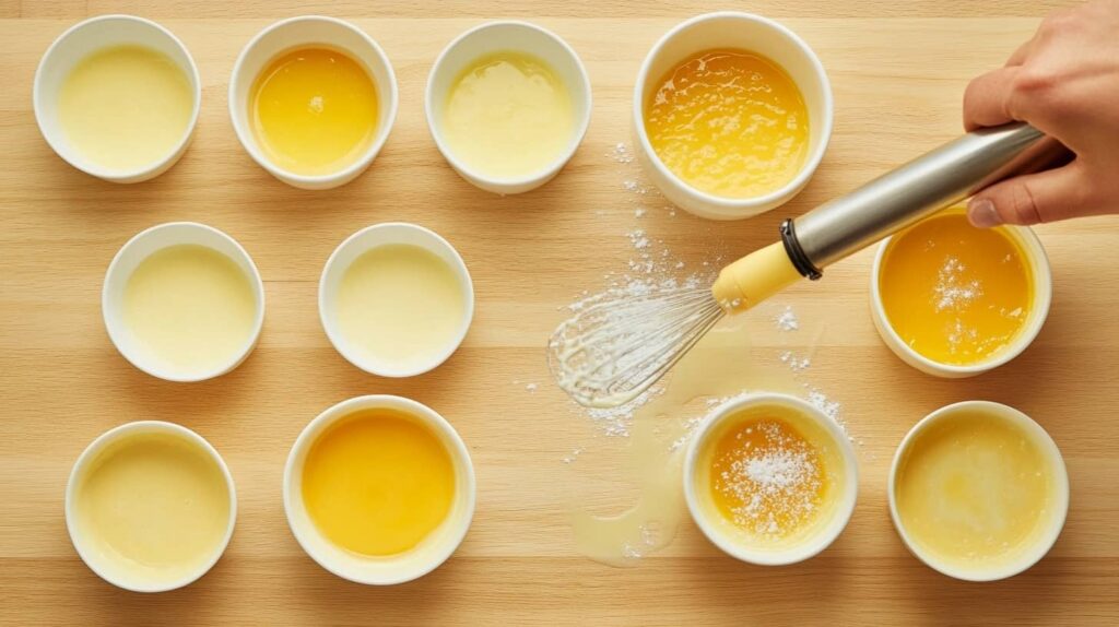Various steps of making crème brûlée, including whisking, baking in a water bath, and torching the caramelized sugar top
