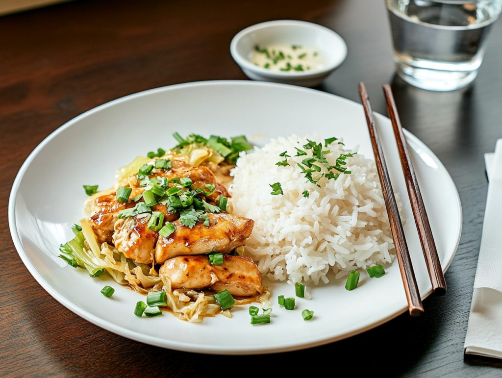 Chicken cabbage stir-fry served with rice on a plate."