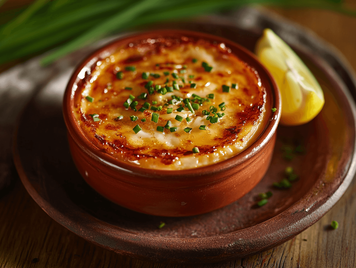 Crab Brulee with caramelized topping and garnishes in a ramekin