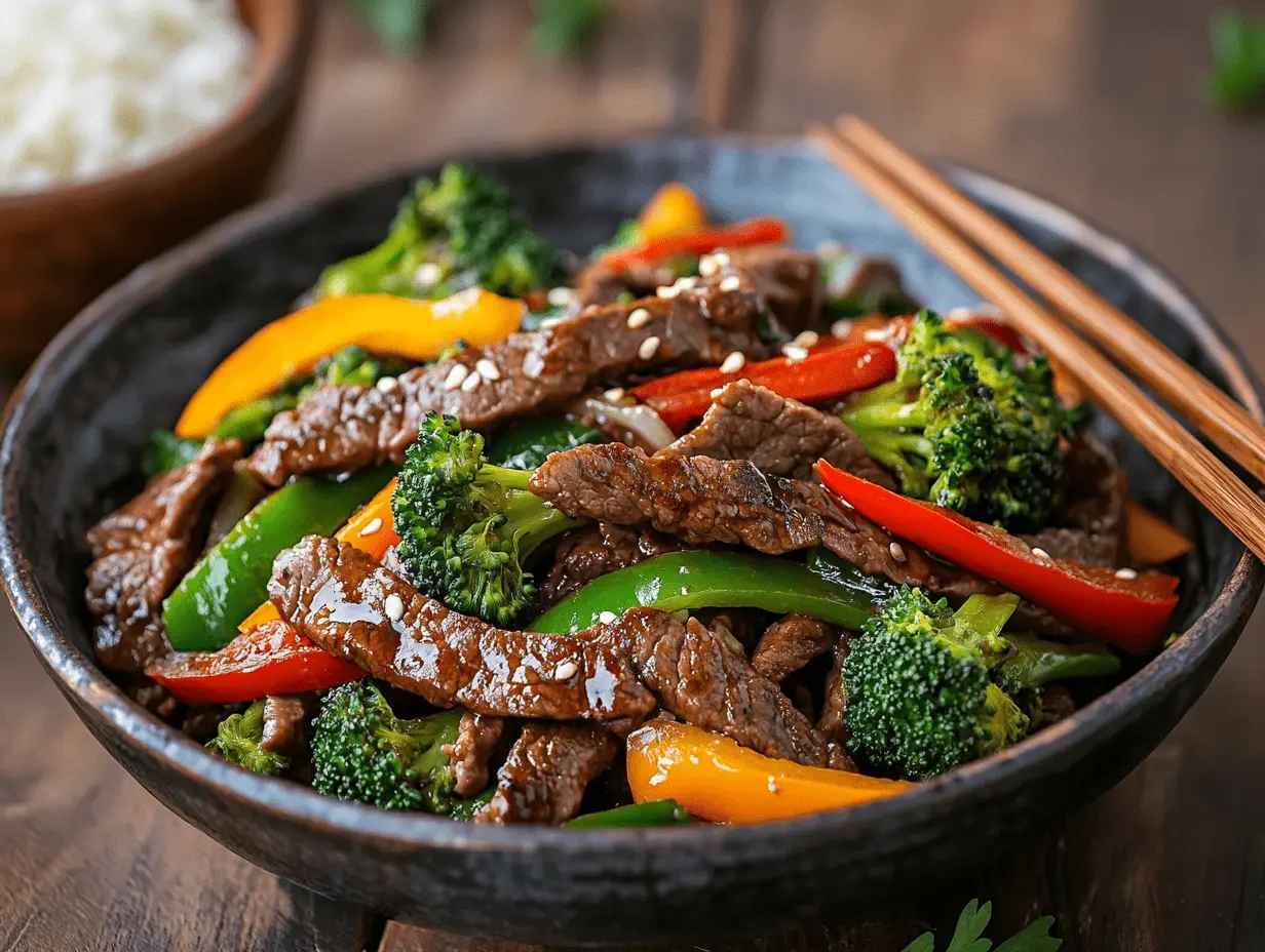 Sliced beef stir-fry with vegetables and rice on a wooden table.