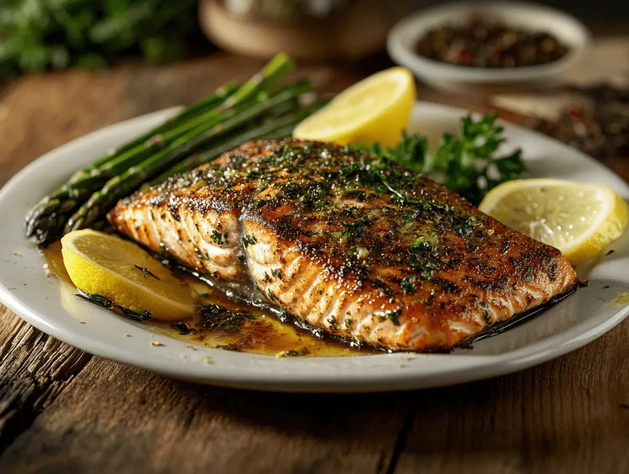 Herb-crusted salmon with lemon wedges and asparagus.