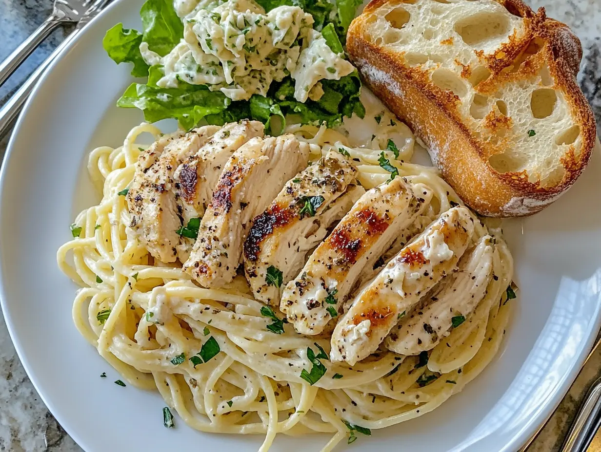 A bowl of garlic parmesan chicken pasta garnished with parsley.