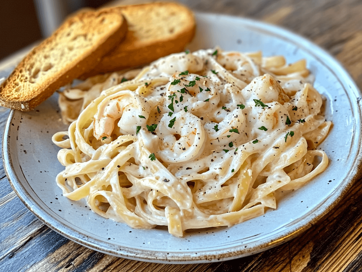 Creamy shrimp Alfredo pasta with garlic bread on a wooden table.