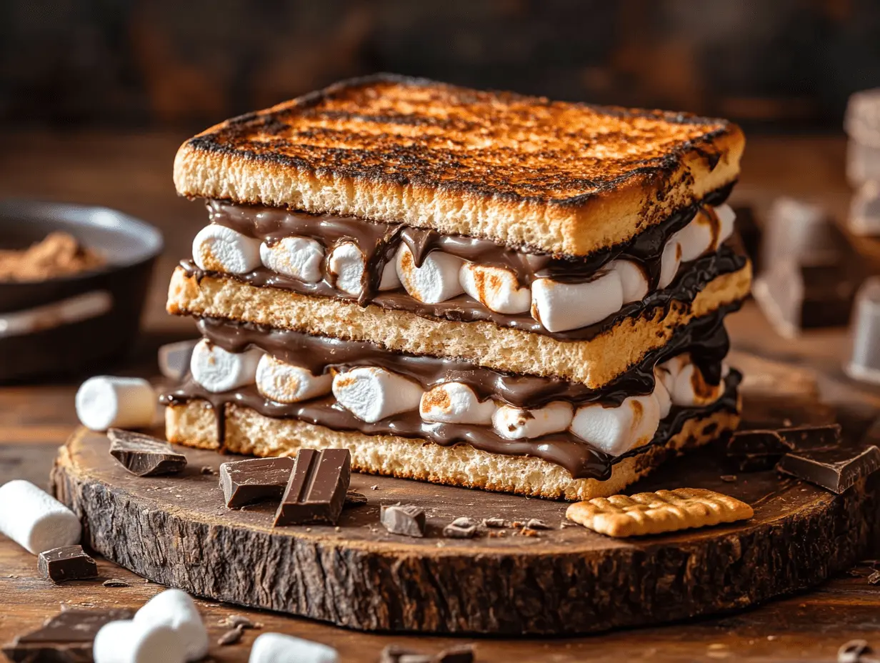 Toasted chocolate and marshmallow sandwich with gooey filling