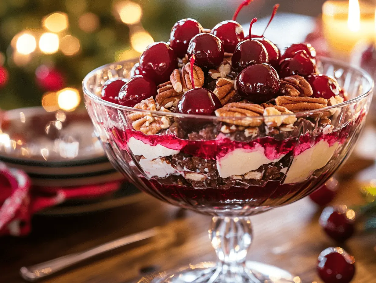 Millionaire Salad served in a decorative glass bowl, garnished with cherries and nuts.