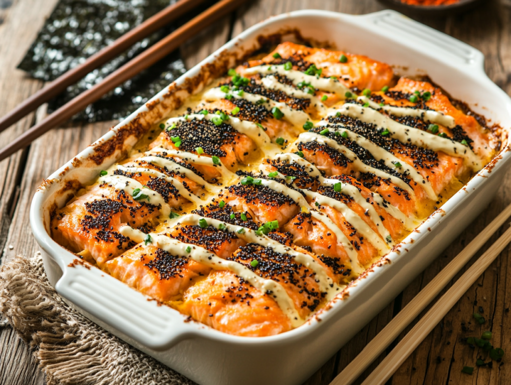 A freshly baked salmon sushi bake in a casserole dish topped with furikake and drizzled with spicy mayo.