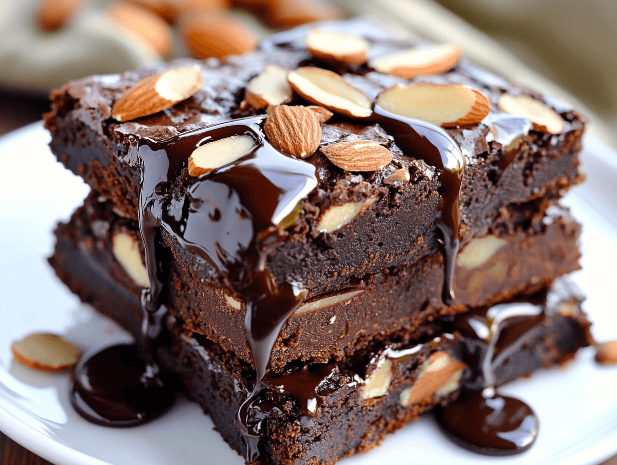 Almond flour brownies stacked on a white plate with almond slices.