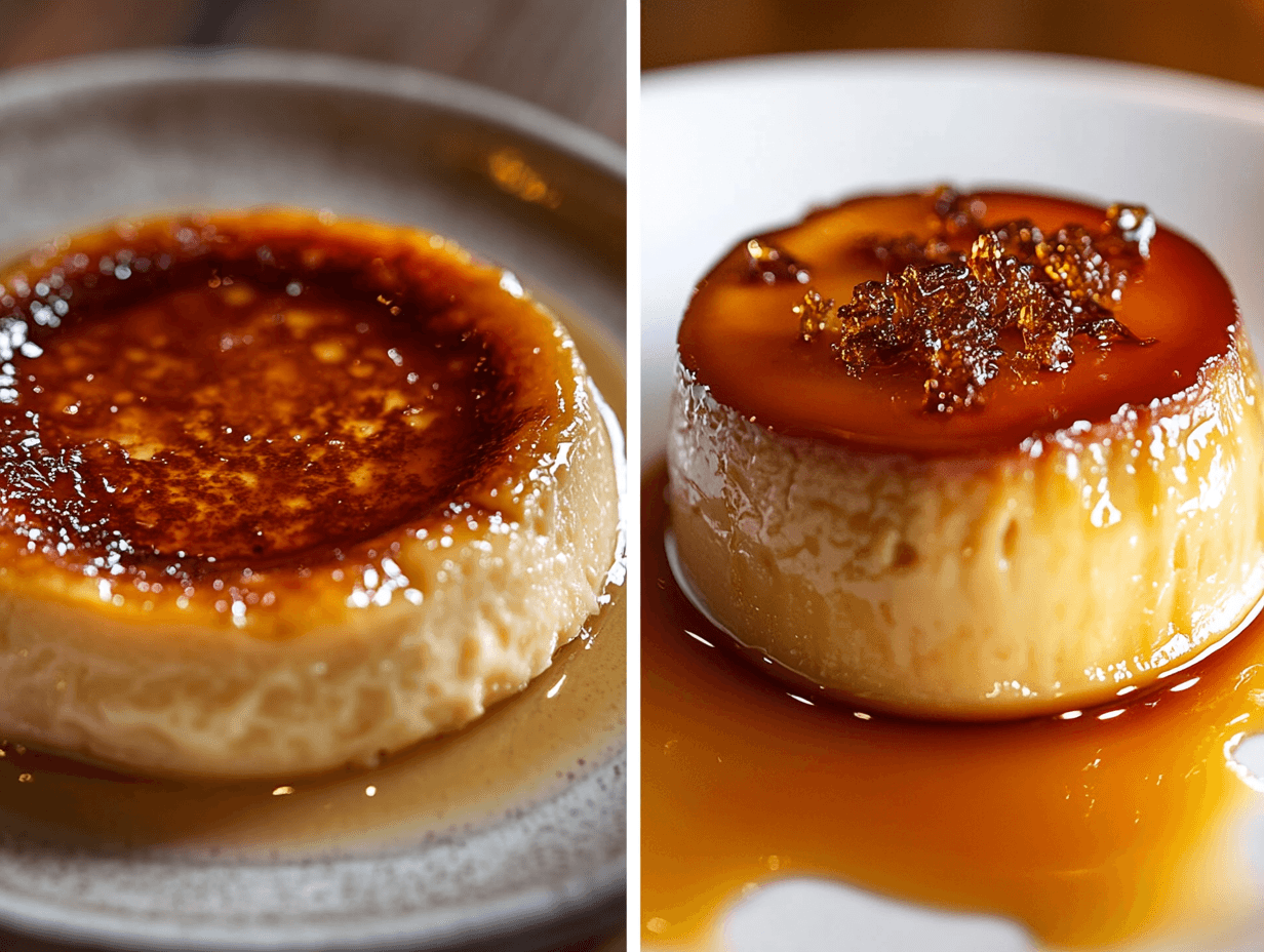Crème brûlée and flan comparison showing caramelized crust and caramel syrup.