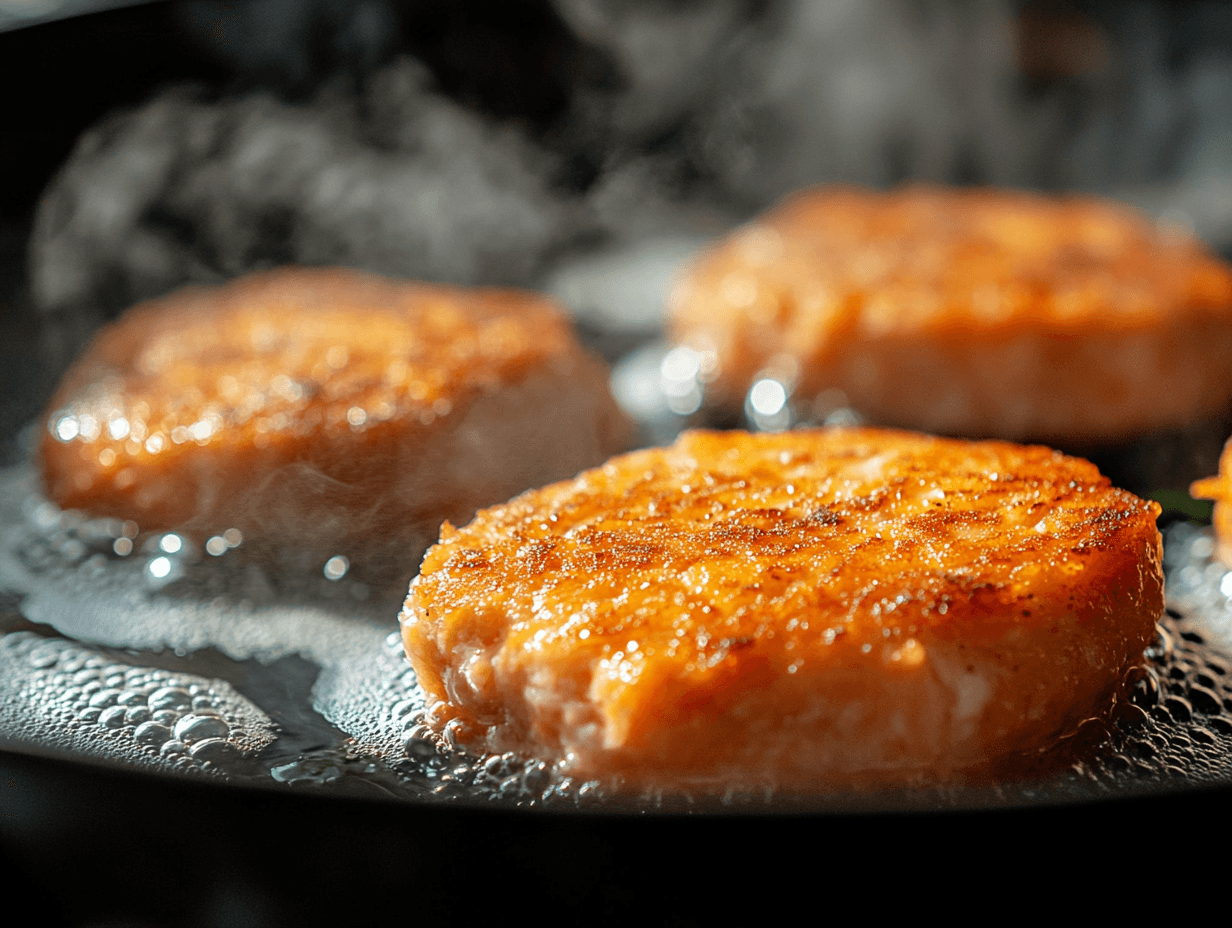 Golden-brown salmon patties frying in a skillet with steam rising.