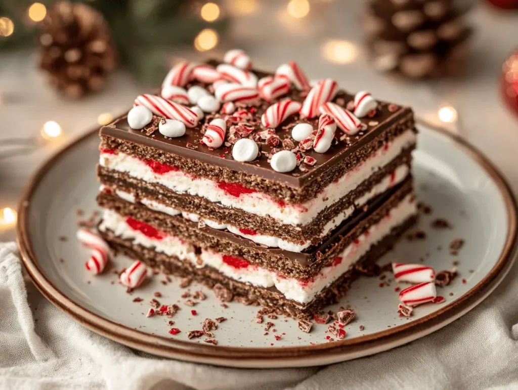 Holiday chocolate and marshmallow sandwich with candy cane toppings