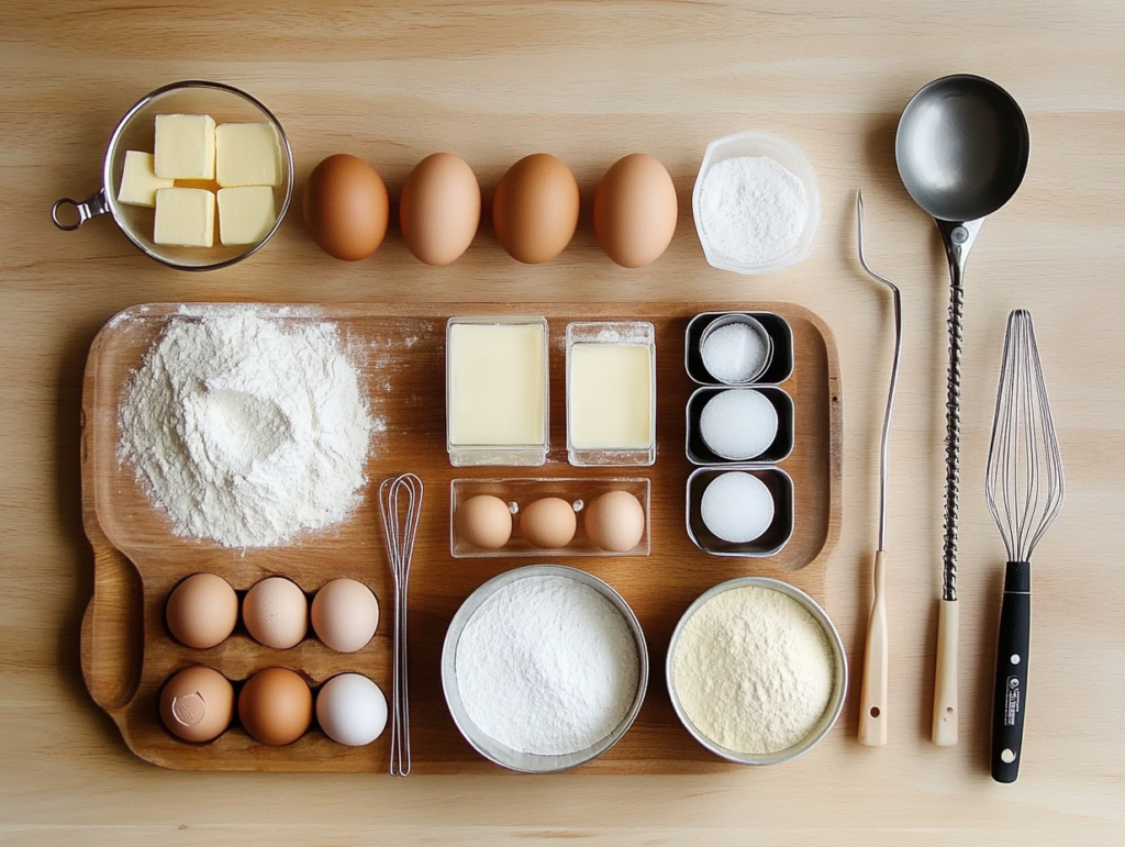 Ingredients for Cracker Barrel pancakes on a wooden table