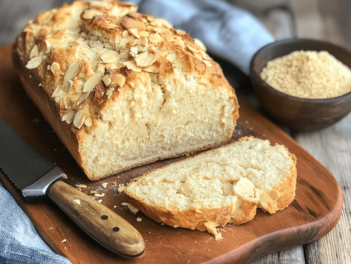 Gluten-free bread made with almond meal on a cutting board.