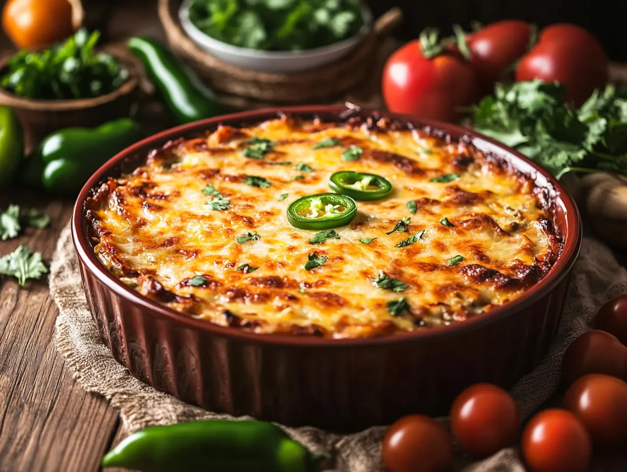 Freshly baked King Ranch casserole with Tex-Mex ingredients.