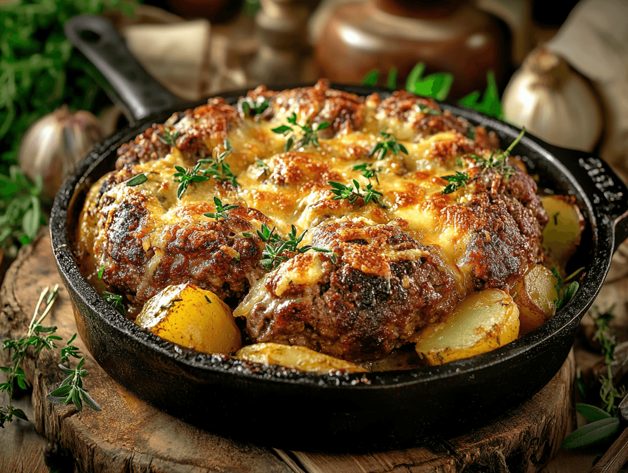 Freshly baked cowboy meatloaf and potato casserole in a cast-iron skillet.