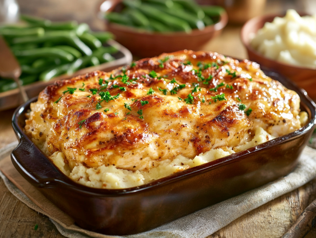 A golden-baked chicken and dressing casserole garnished with fresh herbs.