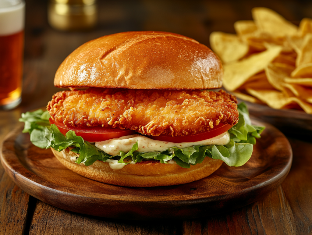 A chicken cutlet sandwich with golden-brown breading, lettuce, tomato, and mayonnaise on a brioche bun.