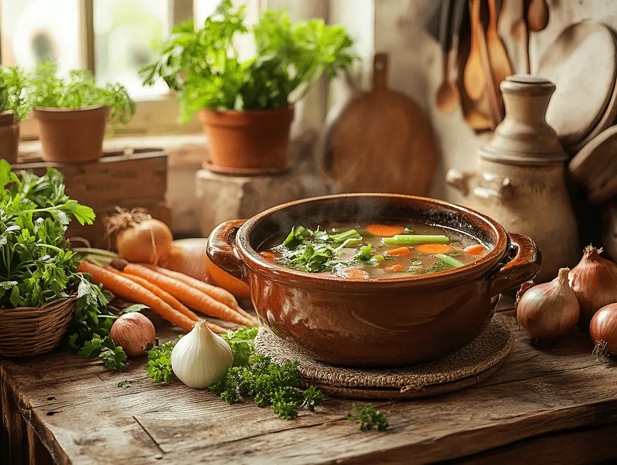 Turkey neck broth with fresh vegetables in a rustic kitchen