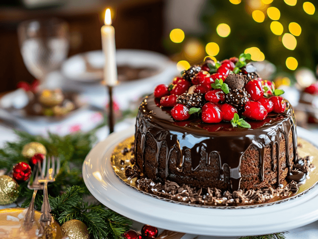 A festive table with Chocolate Lady Cake as the centerpiece.