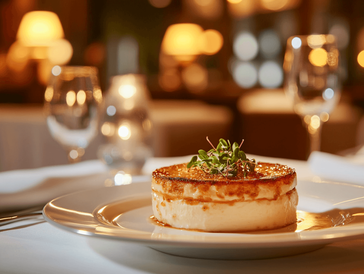 A classic crème brûlée with caramelized sugar crust in a French bistro.