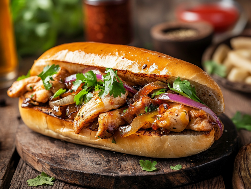 Delicious chicken cheesesteak sandwich with melted cheese and sautéed onions.