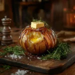 Baked potato with crispy salted skin and melting butter on a wooden table.