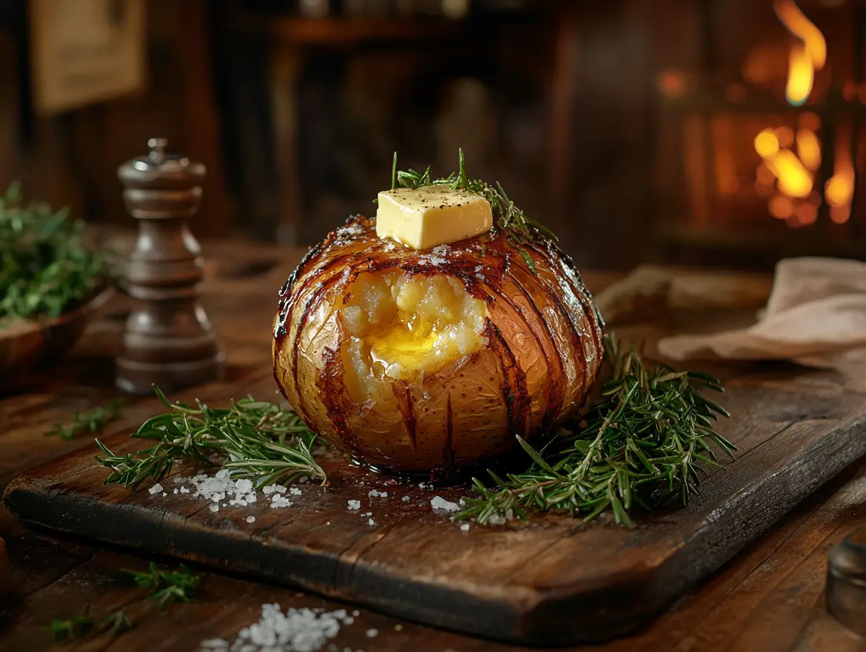 Baked potato with crispy salted skin and melting butter on a wooden table.