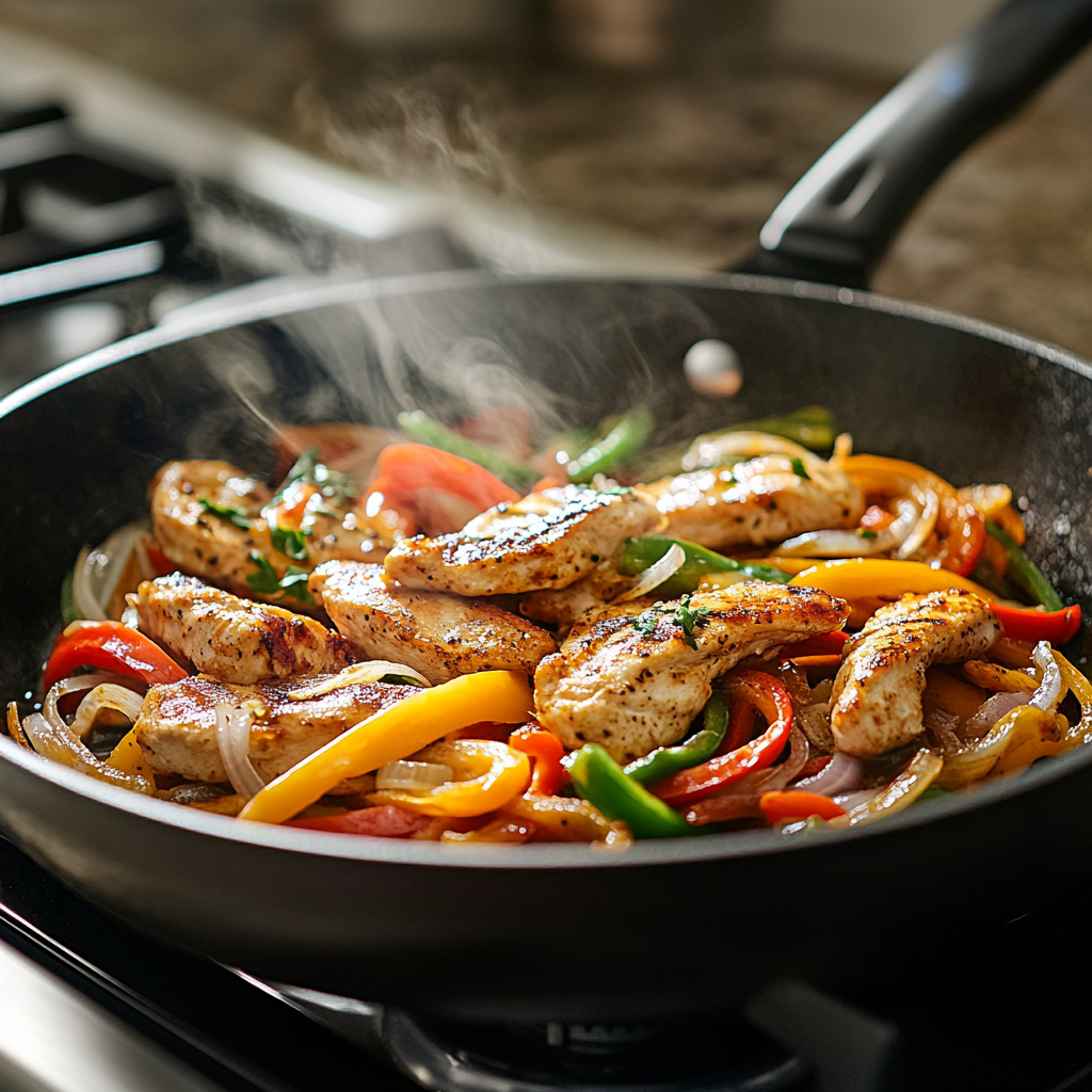 Chicken and vegetables cooking in a skillet with cheese melting on top.