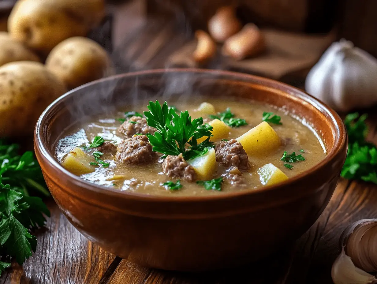Bowl of creamy potato and hamburger soup with garnishes