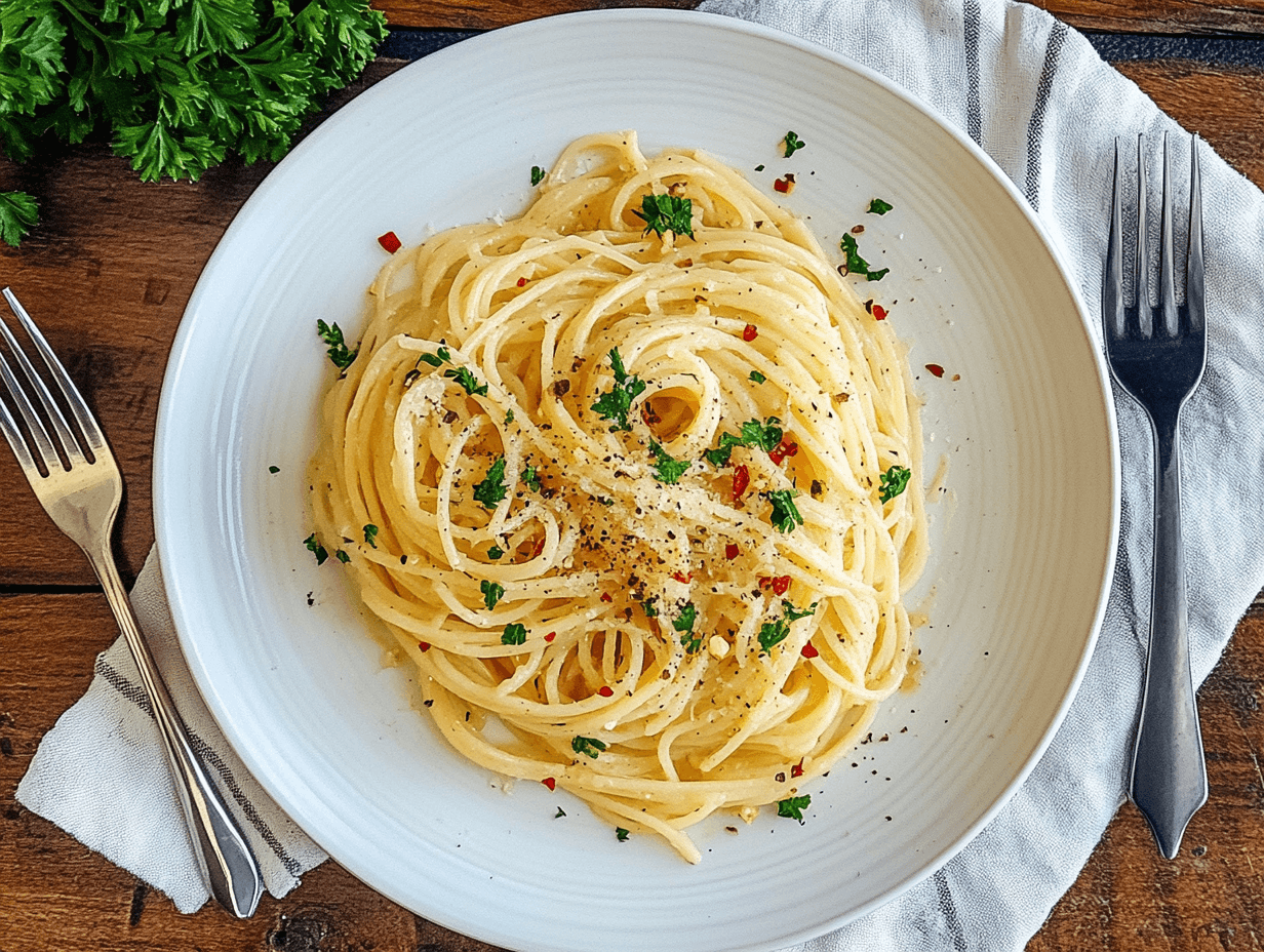 A plate of Spaghettini Aglio e Olio garnished with parsley and red pepper flakes.