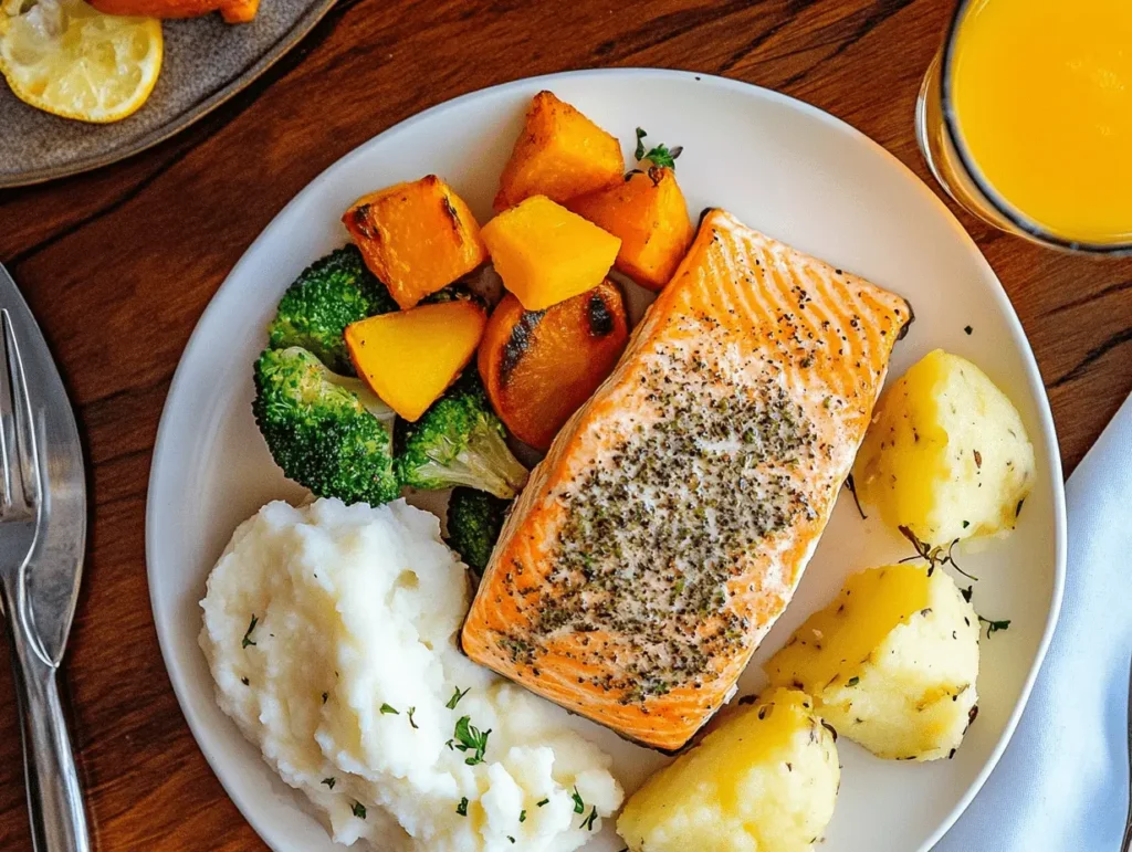 Herb-crusted salmon with side dishes and orange juice.