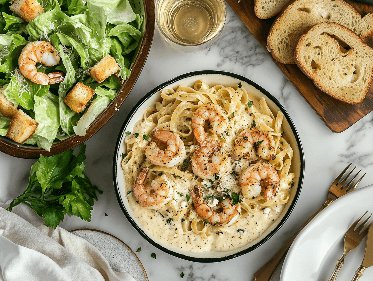 Cajun shrimp pasta served with garlic bread