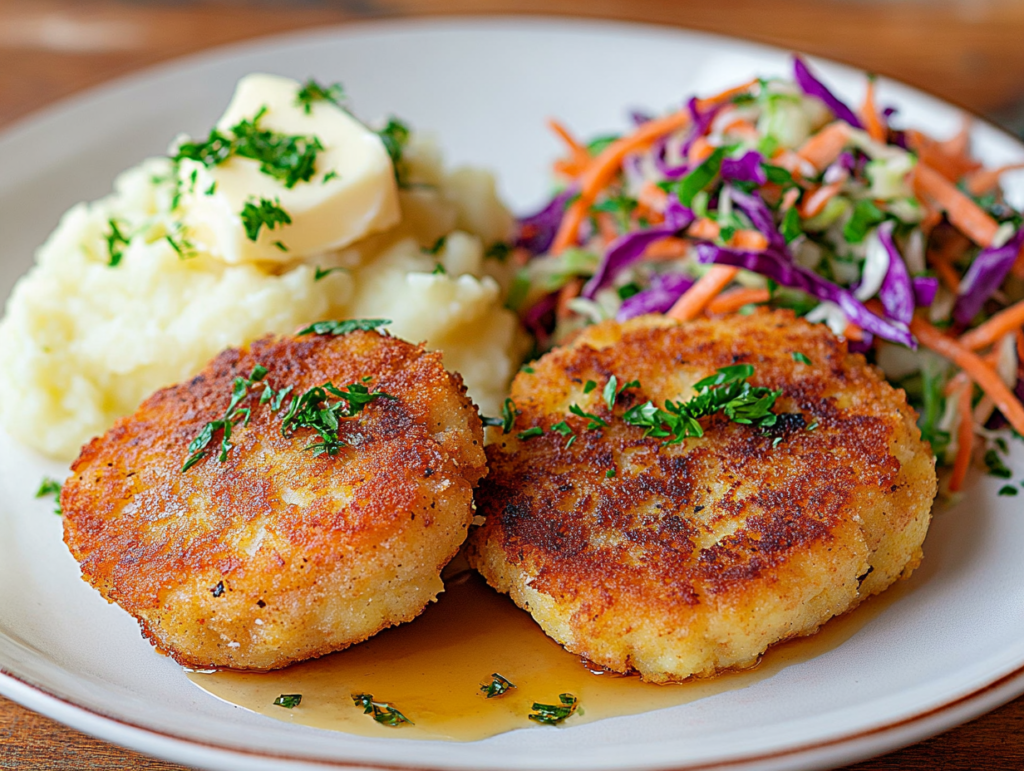 Salmon patties served with mashed potatoes and coleslaw on a dinner plate