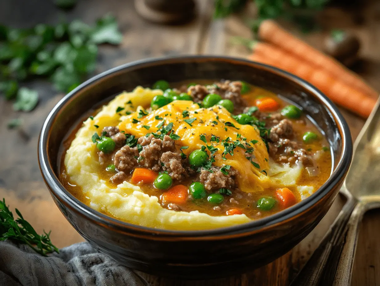 Creamy Shepherd’s Pie Soup with mashed potatoes, vegetables, and ground beef.