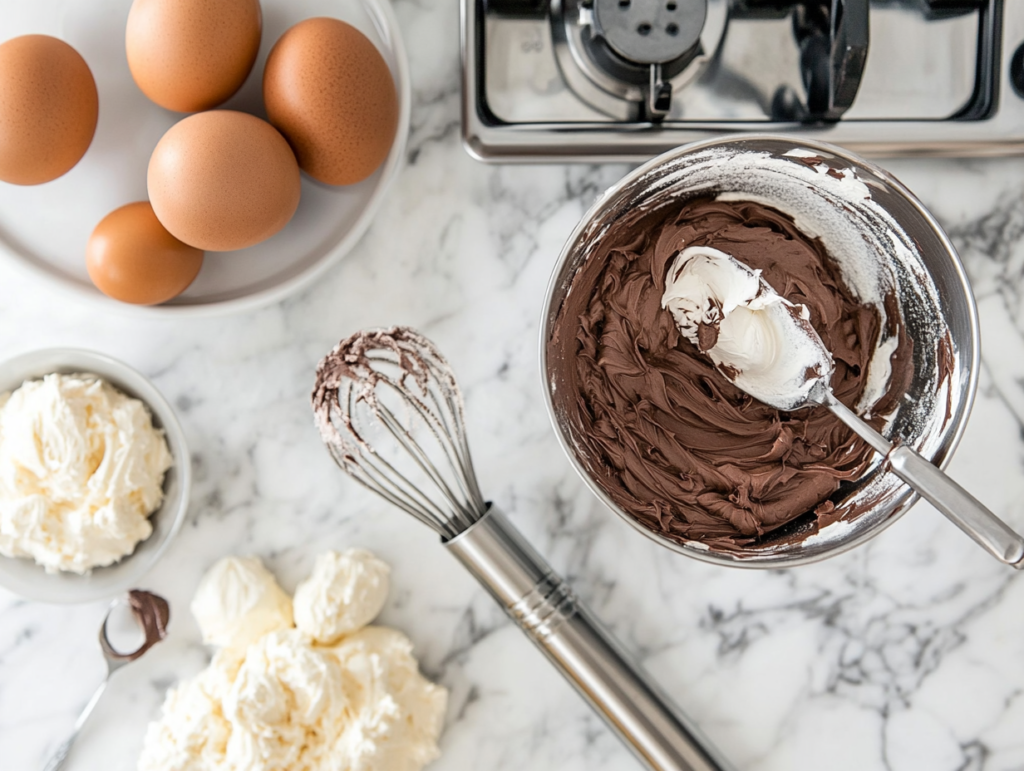 Tools for making chocolate frosting on a kitchen counter