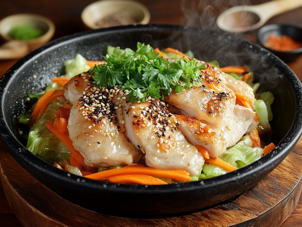 Chicken cabbage stir-fry served in a bowl with fresh herbs.