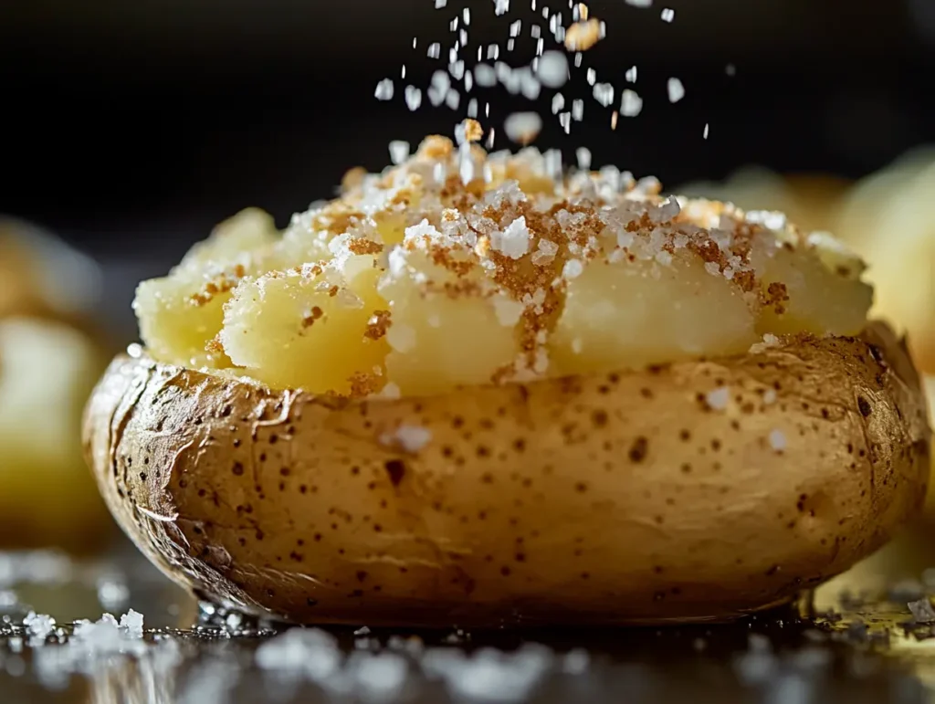 Baked potato being sprinkled with kosher salt before baking.