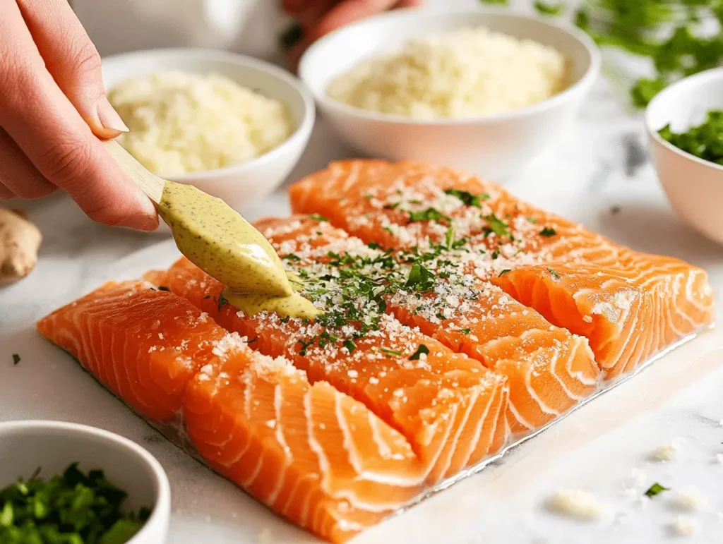 Chef preparing herb crust for salmon with fresh ingredients.