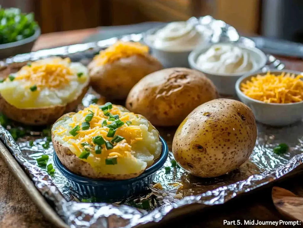 Freshly baked potatoes with crispy salted skins served with toppings