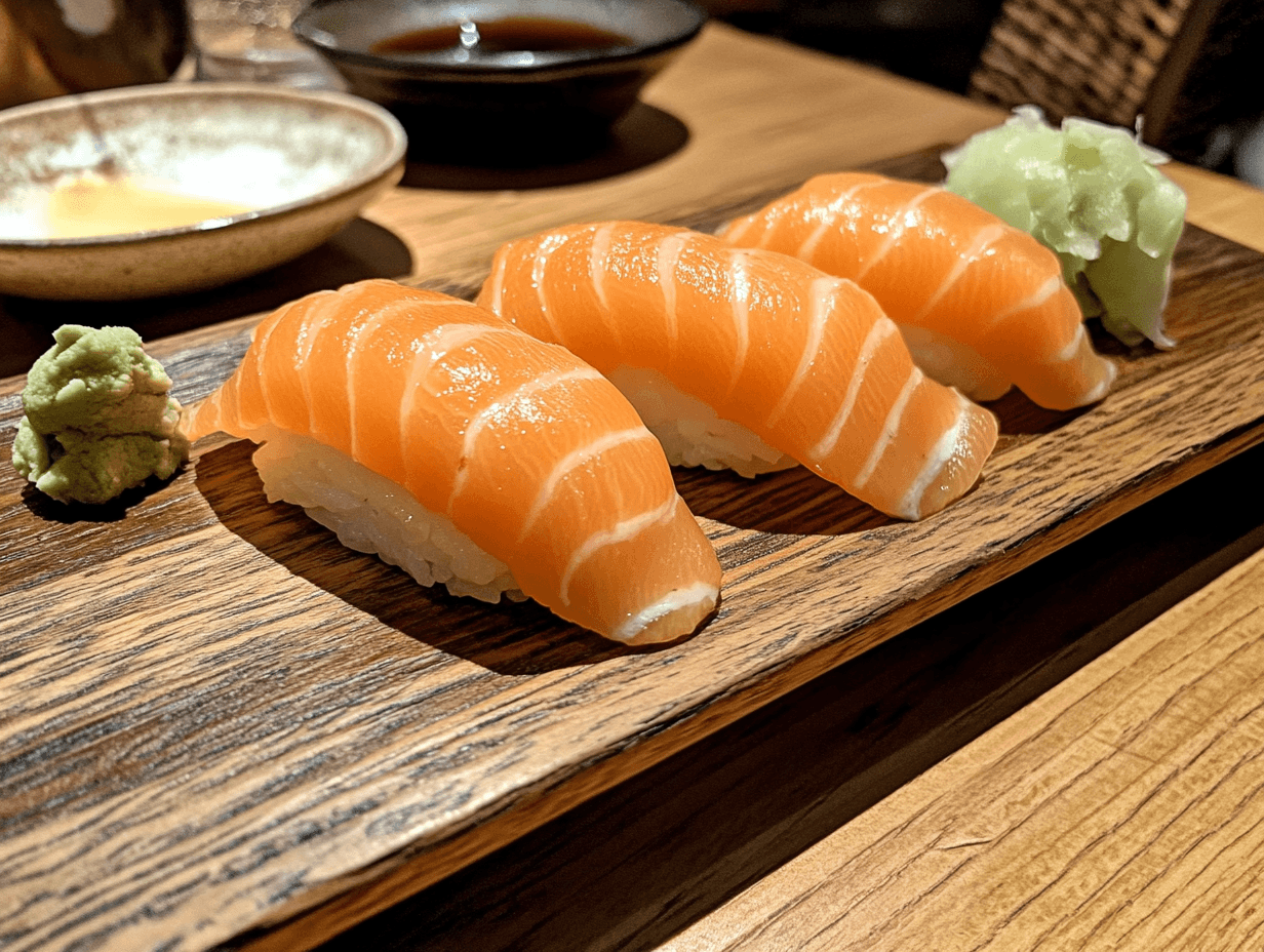 A traditional wooden sushi platter with salmon nigiri and garnishes.