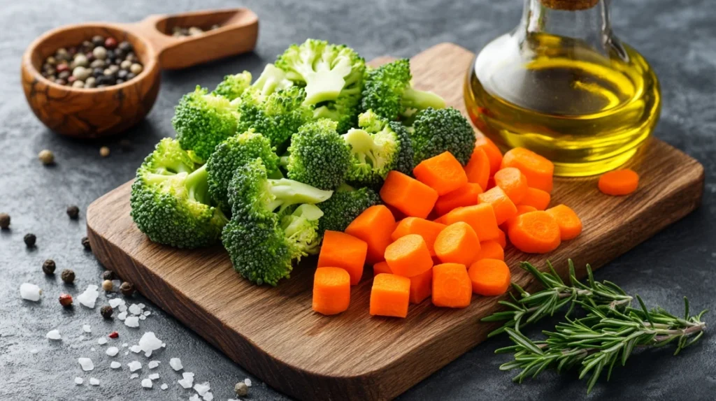 Fresh broccoli and carrots on a wooden cutting board with olive oil.
